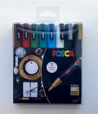 Dekoračný popisovač, sada, 0,9-1,3 mm, UNI "Posca PC-3M Holiday", 8 rôznych farieb